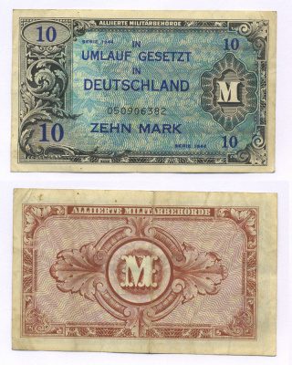 ГЕРМАНИЯ 10 МАРОК 1944 9 ЦИФР В НОМЕРЕ, ОККУПАЦИЯ ГЕРМАНИИ, ВТОРАЯ МИРОВАЯ ВОЙНА Pick 194b бумага 6300-14-3-1