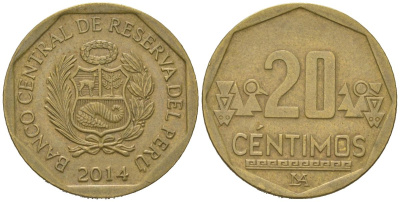 Перу 20 сентимо 2014 LIMA KM 306.4 латунь 4523-254