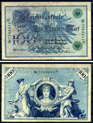 Германия 100 марок 1908 7 февраля 1908, выпуск конец 1916 - ноябрь 1918, зеленая печать Pick 34 бумага 8619-34-1-1