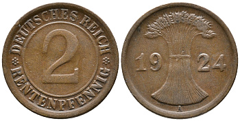 ГЕРМАНИЯ 2 РЕНТЕНПФЕННИГА 1924 A KM 31, J. 307 бронза 24-636