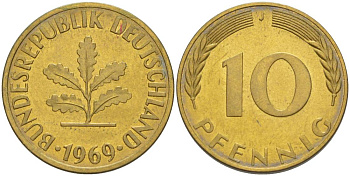ФРГ 10 ПФЕННИГОВ 1969 J KM 108, J. 383 сталь плакированная латунью 219-434