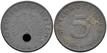 ГЕРМАНИЯ 5 РЕЙХСПФЕННИГОВ 1941 D KM 100, J. 370 цинк 105-253