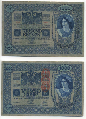 АВСТРИЯ 1000 КРОН 1919 КРАСНАЯ ВЕРТИКАЛЬНАЯ НАДПЕЧАТКА НА 1902 Pick 59 бумага XF-UNC 7217-50-1