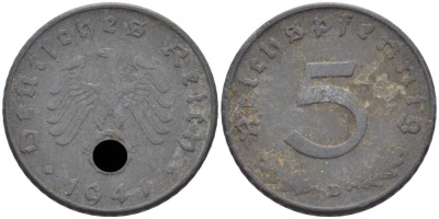 ГЕРМАНИЯ 5 РЕЙХСПФЕННИГОВ 1941 D KM 100, J. 370 цинк 105-253