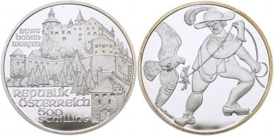Австрия 500 шиллингов 2000 замок Хоэнверфен, птицелов KM 3071 серебро PROOF 1077-10-14