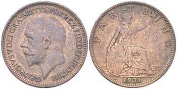 Великобритания 1 фартинг 1931 Георг V (1910-1936) KM 825, Spink 4061 бронза 4613-464