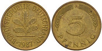 ФРГ 5 пфеннигов 1987 J J.382, KM 107 сталь плакированная латунью    4598-1055