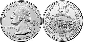 США 25 центов (квотер) 2006 D, серия штаты США, Южная Дакота KM 386 медь плакированная медно-никелем  UNC  M20-18