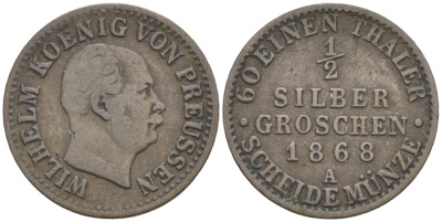 Пруссия 1/2 серебряного гроша 1868 А, Вильгельм I (1861-1888) KM 484, Olding 416, AKS 104, J.88 серебро    44-947
