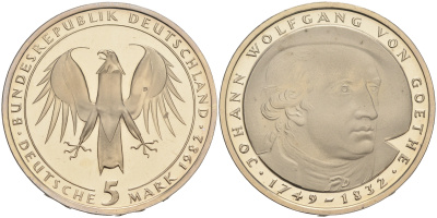 ФРГ 5 марок 1982 D, 150 лет со дня смерти Иоганна Вольфганга фон Гете KM 156, J. 432 медно-никель плакированный никелем плакированный никелем PROOF 02-265-24