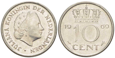 Нидерланды 10 центов 1969 Юлиана (1948-1980) KM 182 никель 214-1241