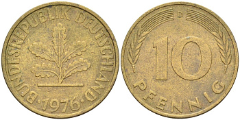 ФРГ 10 пфеннигов 1976 D KM 106 сталь плакированная латунью 4571-541