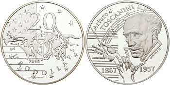 Нидерланды 20 евродолларов 1999 Артуро Тосканини (1899-1980), диаметр 39 мм., в коробке, с сертификатом серебро PROOF 3-4-3-46