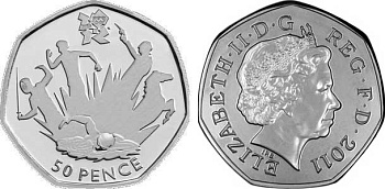 Великобритания 50 пенсов 2011 XXX летние Олимпийские игры в Лондоне в 2012 году, современное пятиборье, в оригинальном картонном буклете, с Олимпийской голограммой (18/29) KM 1177 медно-никель  UNC  3-6-6-12