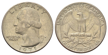 США 25 центов (квотер, 1/4 доллара) 1971 D, Вашингтон KM 164a медь плакированная медно-никелем 4666-934