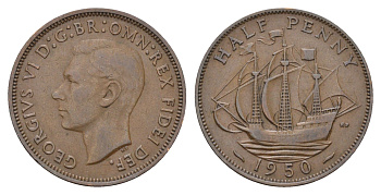 Великобритания 1/2 пенни 1950 Георг VI (1936-1952) KM 868, Spink 4118 бронза 4116-641