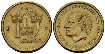 Швеция 10 крон 1992 Карл XVI Густав (1973- ) KM 877 нордик 4176-513