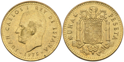 Испания 1 песета 1975 (79) Хуан Карлос I (1975-2014) KM 806 алюминиевая бронза 4390-1257