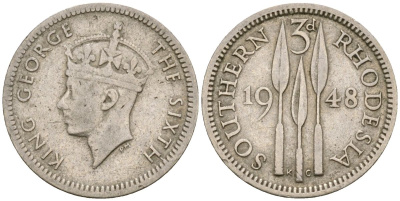 Британская Южная Родезия 3 пенса 1948 Георг VI (1936-1952) KM 20 медно-никель 4174-326