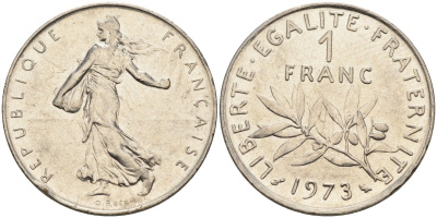 Франция 1 франк 1973 сеятель, тип Semeuse KM 925.1, Le Franc 226.18 никель 4116-1232