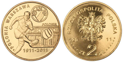 Польша 2 злотых 2011 серия польские футбольные клубы, Полония (Варшава) KM 799 латунь UNC M48-17