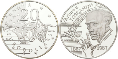 Нидерланды 20 евродолларов 1999 Артуро Тосканини (1899-1980), диаметр 39 мм., в коробке, с сертификатом серебро PROOF 3-4-3-46