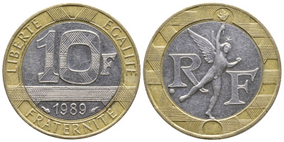 Франция 10 франков 1989 тип гений Бастилии KM 964.1, Le Franc 375.3 биметалл 93-614