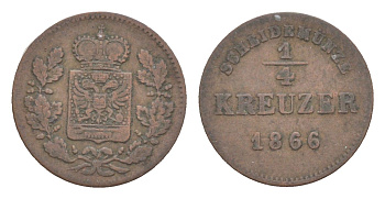 Шварцбург-Рудольштадт 1/4 крейцера 1866 Фридрих Гюнтер KM 175 медь 4639-146