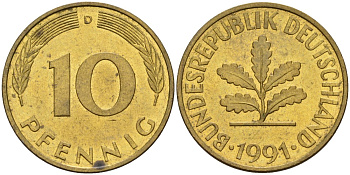 ФРГ 10 пфеннигов 1991 D KM 108, J. 383 сталь плакированная латунью 4171-1147
