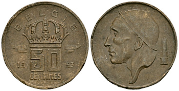 Бельгия 50 сантимов 1953 BELGIE KM 145 бронза 4164-1045