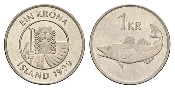 Исландия 1 крона 1999 треска KM 27a сталь плакированная никелем UNC 4635-114