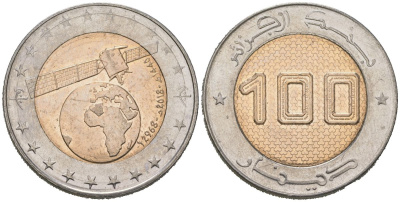 Алжир 100 динаров 2018 Спутник связи Alcomsat-1 KM 141 биметалл UNC 4619-315