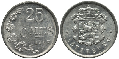 ЛЮКСЕМБУРГ 25 САНТИМОВ 1967 ВЕЛИКАЯ ГЕРЦОГИНЯ ШАРЛОТТА (1919-1964), МОНЕТНАЯ РОТАЦИЯ KM 45а.1 алюминий 4538-844