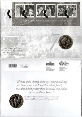 Великобритания 5 фунтов 2017 70 лет свадьбе Королевы Елизаветы II и Принца Филиппа, в оригинальном конверте, с марками, первый день гашения KM 1457, Spink L57 медно-никель BU 8-2-06-54