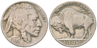 США 5 центов 1935 индеец, бизон KM 134 медно-никель 4614-1159
