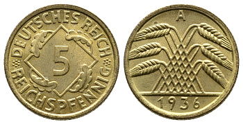 ГЕРМАНИЯ 5 РЕЙХСПФЕННИГОВ 1936 A, KM 39, J. 316 алюминиевая бронза 4380-1041