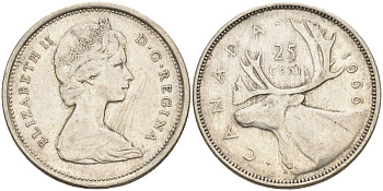 Канада 25 центов 1966 Елизавета II (1952-2022), олень KM 62 серебро 4126-522