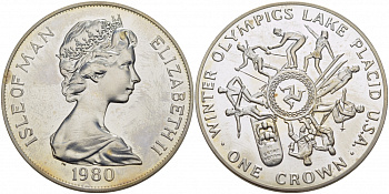 Остров Мэн 1 крона 1980 Зимние Олимпийские игры 1980 года в Лейк-Плэсиде, виды спорта KM 64a серебро UNC 01-171-32