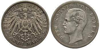 Бавария 2 марки 1896 D, Отто (1886-1913) Weege 44, J. 45, KM 511.1 серебро 413-3112