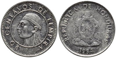 Гондурас 20 сентаво 1994 бюст касика Лемпира KM 83.1а сталь плакированная никелем 4387-862