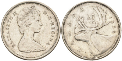 Канада 25 центов 1966 Елизавета II (1952-2022), олень KM 62 серебро 4126-522