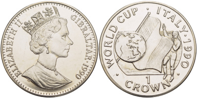 Гибралтар 1 крона 1990 чемпионат мира по футболу в Италии 1990 года, судья, флаг, глобус KM 33 медно-никель BUNC 00-00-00