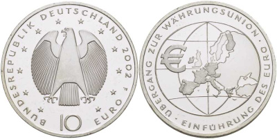 ФРГ 10 евро 2002 F, введение европейской валюты KM 215, DE.S. 10.1 серебро PROOF 1076-6-15