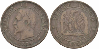ФРАНЦИЯ 10 САНТИМОВ 1854 A, НАПОЛЕОН III (1852-1870) KM 771.1, LE FRANC 133.10 бронза 38-942