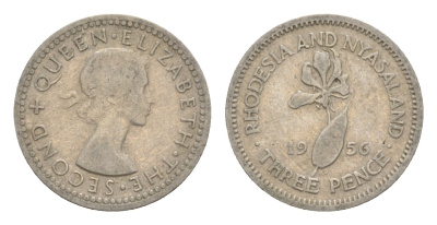 Родезия и Ньясаленд 3 пенса 1956 Елизавета II (1952-2022), цветок глориоза KM  3 медно-никель  4640-918