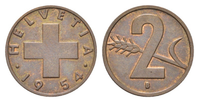 Швейцария 2 раппена 1954 B KM 47 бронза 4708-325
