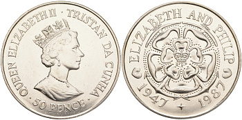 Тристан-да-Кунья 50 пенсов 1987 40 ЛЕТ СВАДЬБЫ Елизаветы II И ФИЛИППА KM 7b медно-никель UNC 4527-1015