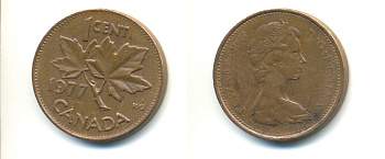 Канада 1 цент 1977 Елизавета II (1952-2022), кленовый лист KM 59.1 бронза 177-1348