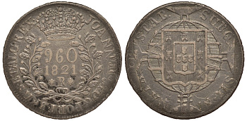 Бразилия 960 рейс 1821 R,  Жуан IV Португальский (1818-1822), красивый перечекан KM 326.1 серебро 00-803-68