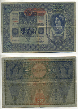 АВСТРИЯ 1000 КРОН 1919 КРАСНАЯ ГОРИЗОНТАЛЬНАЯ НАДПЕЧАТКА НА 1902 Pick 60 бумага 6299-39-3